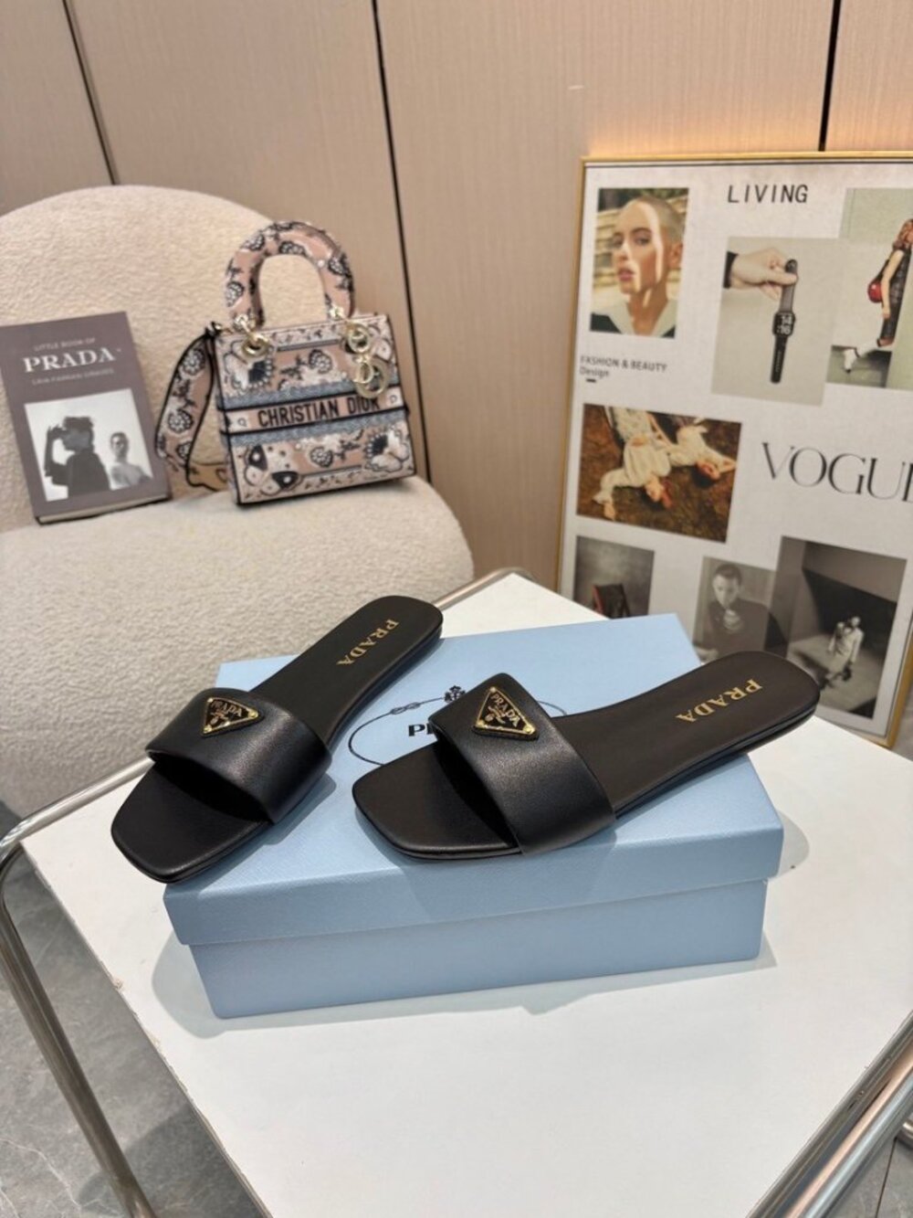 Prada Black Smooth Leather Gold Triangle Logo Square Toe Flat Slide Sandals